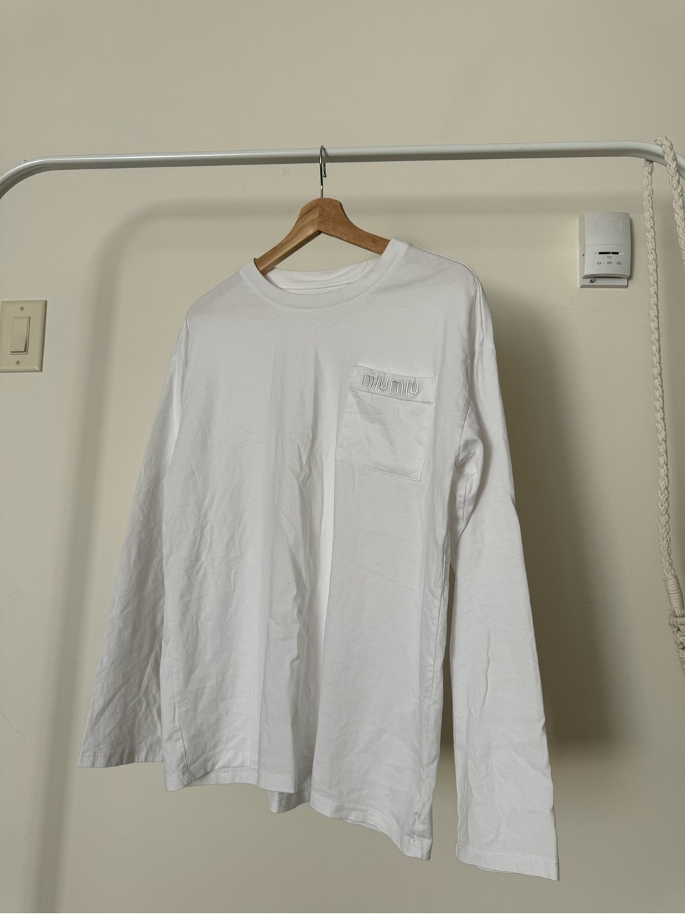Miu Miu White Long Sleeve Pocket Logo T-Shirt Cotton Crew Neck Size S